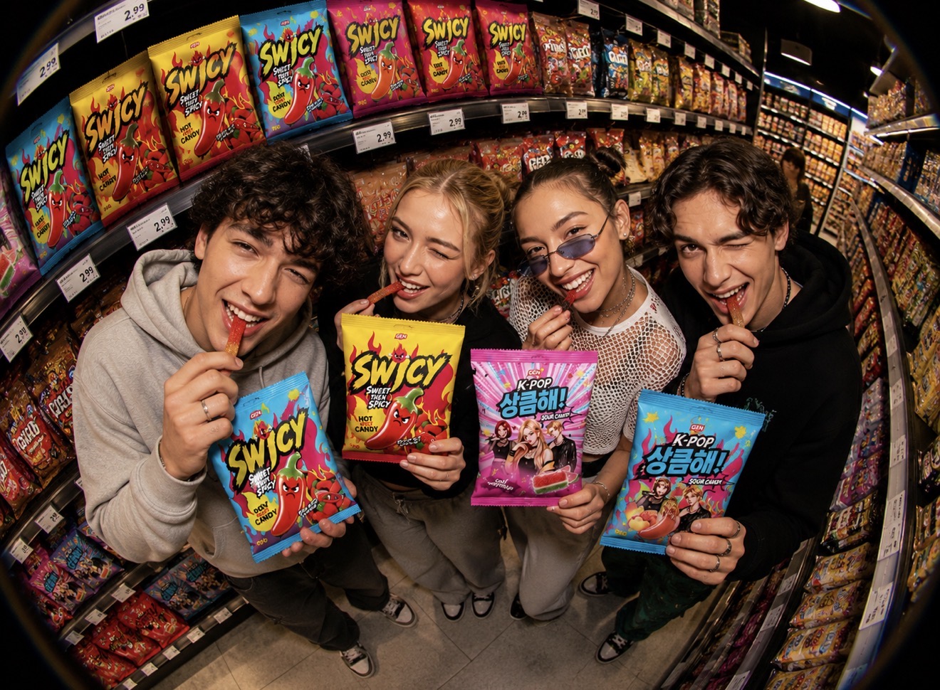 Friends grabbing Swicy Sweet & Spicy candy packs from a supermarket shelf