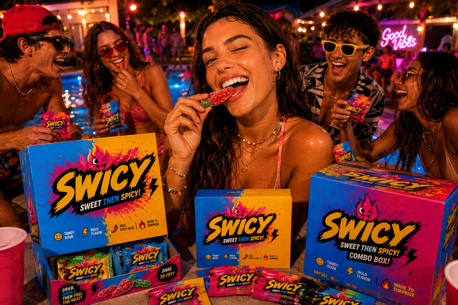 Friends at a pool party sharing Swicy candy boxes